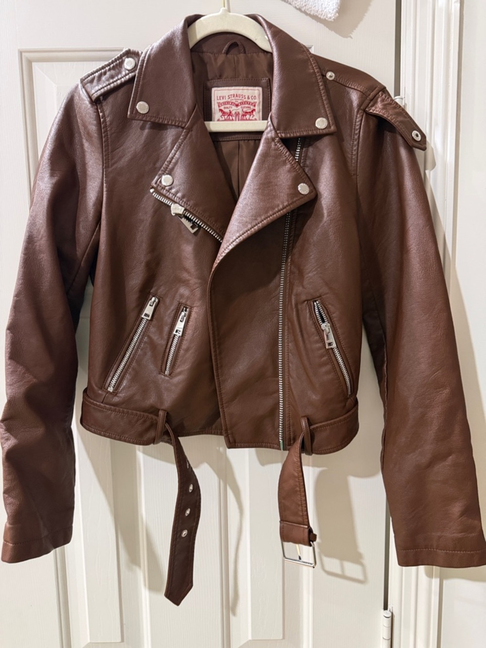 Levi's Chocolate Brown Leather Moto Jacket with Silver Hardware